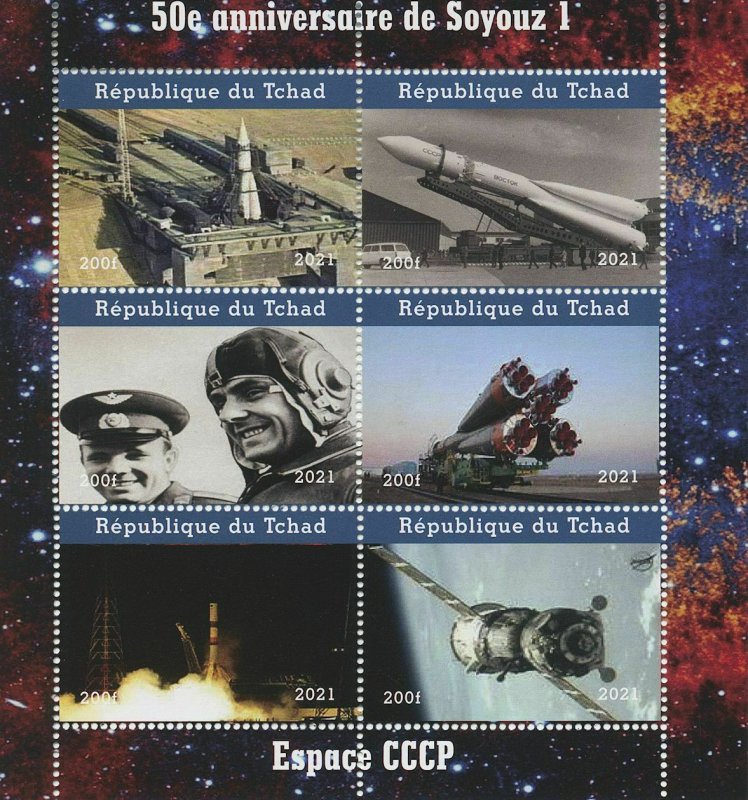Chad 2021 MNH Space Stamps Soyuz 1 Launch 50th Anniv Yuri Gagarin 6v M/S