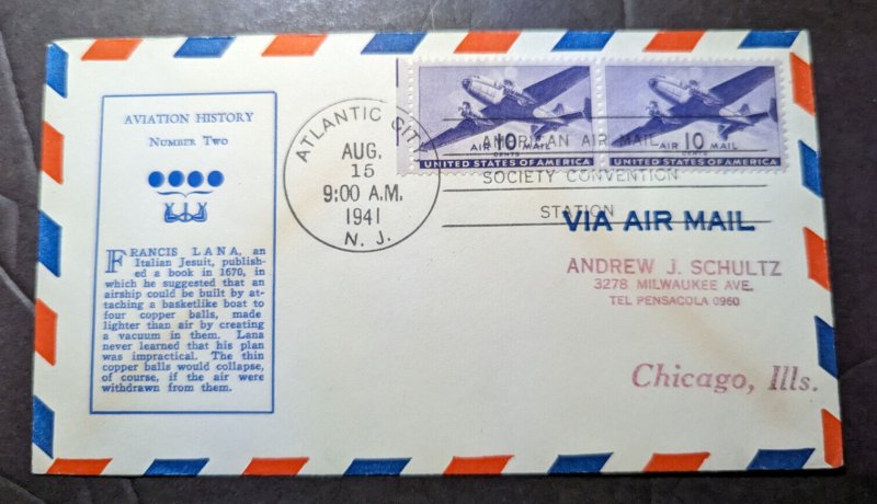 1941 USA Airmail Cover Atlantic City NJ to Chicago IL Aviation History Cachet