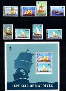 1978 Maldives Scott 735-742a Mint NH w/ S/S Types of Ships Sail Steam