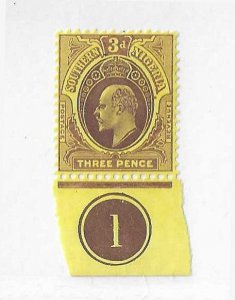 Southern Nigeria Sc 36 3p brown on yellow with bottom counter LH VF