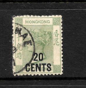 HONG KONG 1891 20c on 30c  QV FU   SG 48a 