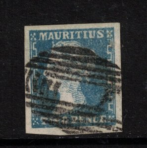 Mauritius #17c (SG #44a) Extra Fine Used 2d Pale Blue With Heavy Retouch