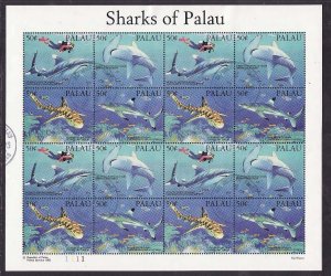 Palau-Sc#315- id12-used sheet of 4 sets-Marine Life-Sharks-1993-