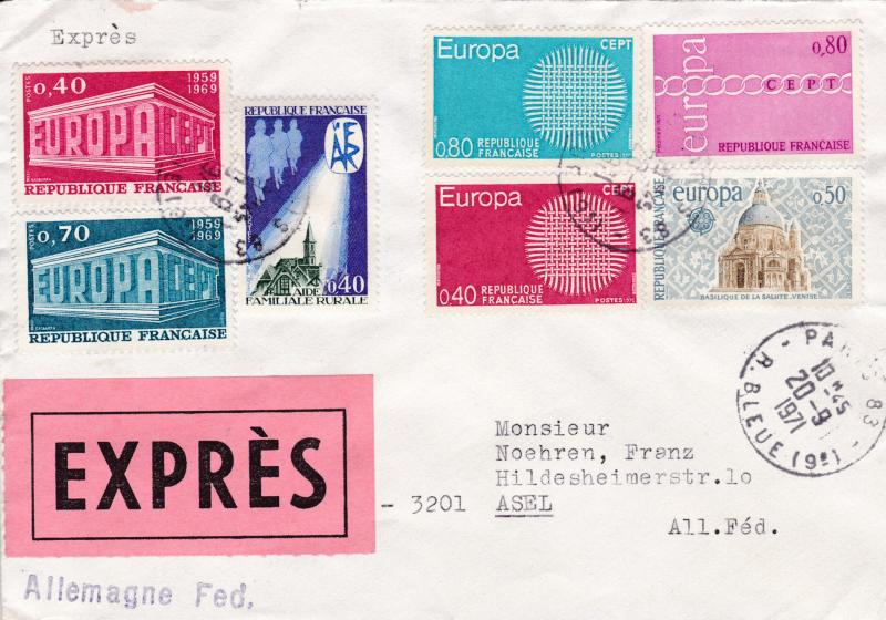 France 1971 Special Delivery Cover Franked with Europa Issues to Germany. VF