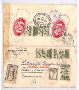 CB313 1941 MEXICO WW2 Registered Postal Seals Censor Cover BERMUDA Forwarded GPO