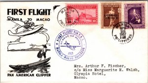 1937 Manila Philippines PI Clipper FFC First Flight Cover to Olympia Hotel Macao