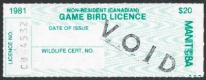 1981 Canada MANITOBA Non Resident (Alien) $20 GAME BIRD Hunting Revenue VF-