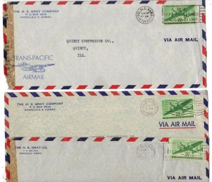 US 1943-44 HAWAII THREE WAR TIME TRANSPACIFIC AIR MAIL CVR TWO CENSORED HONOLULU