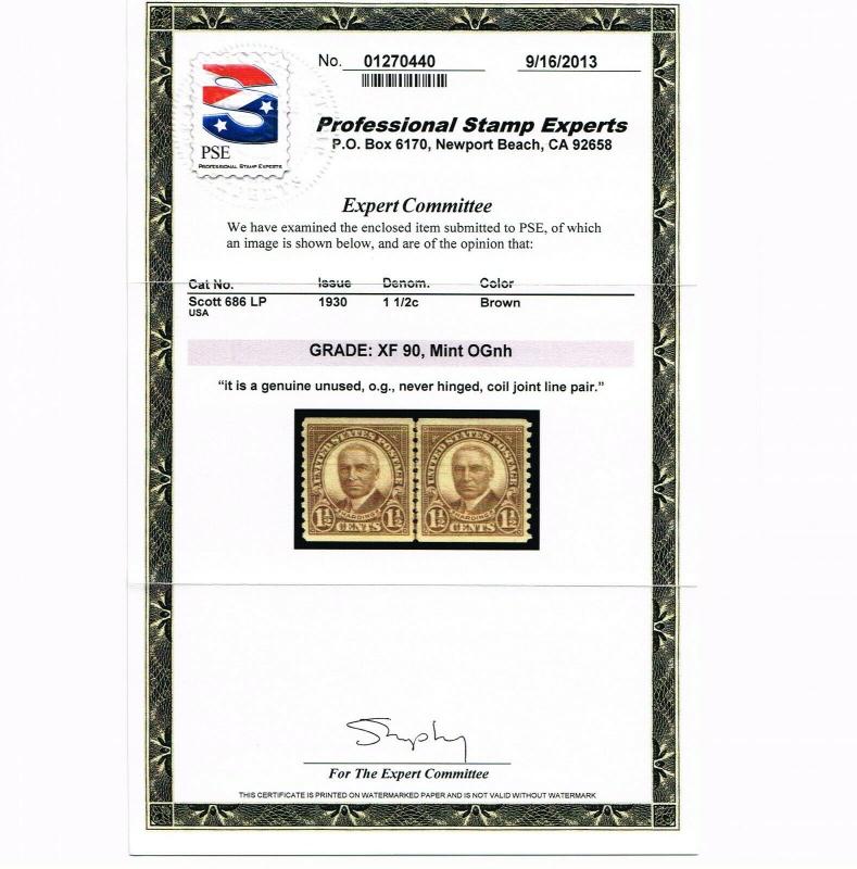 EXCEPTIONAL GENUINE SCOTT #686 LINE PAIR XF MINT PRISTINE OG NH PSE GRADED CERT