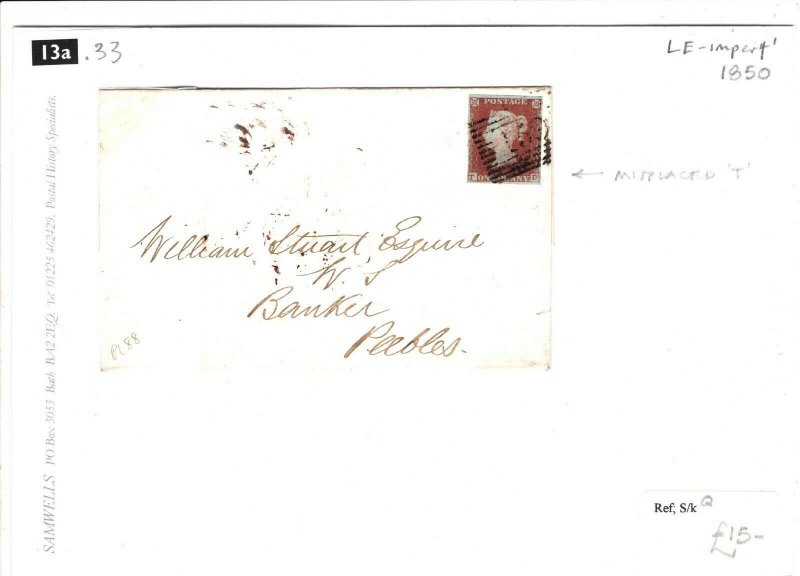 GB 1d Red Imperf Cover Plate 88 MISPLACED *T* Scotland Peebles 1850 13a.33 