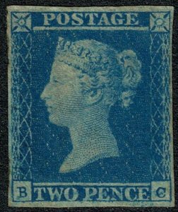 GB 1841 2d blue. BC Unused with traces of gum.