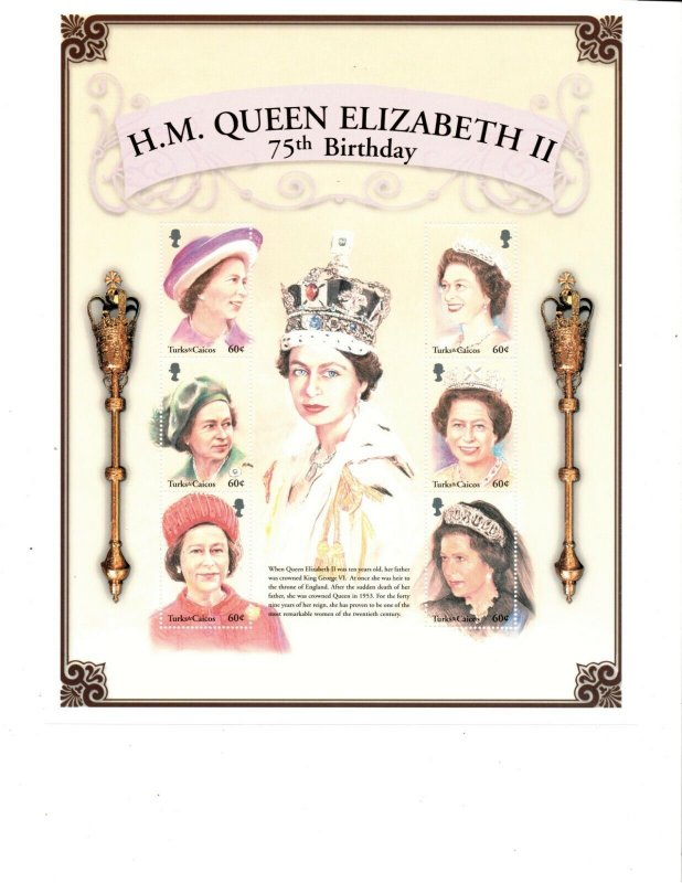 Turks and Caicos - 2002 - Queen Elizabeth 75th - Sheet of Six - MNH