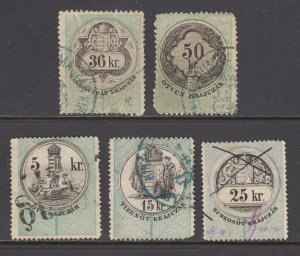 Hungary, Bft 13, 14, 34, 38, 40 used. 1868-73 General Revenues, 5 different