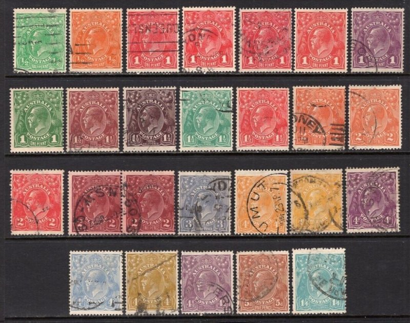 Australia 1914-24 GV Heads Crown A Watermark Set + Varieties Most Used #19-37