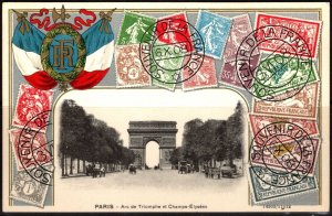 Vintage France Postcard Embossed Stamps Arc de Triomphe and Champs-Élysées Mint