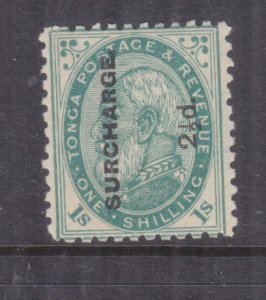 TONGA, 1894 2 1/2d. on 1s. Green, perf. 12 x 11 1/2,. lhm.