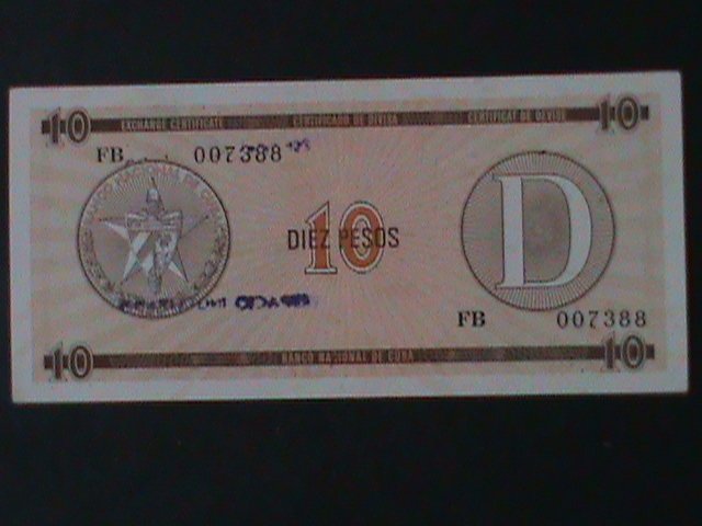 ​CUBA-NATIONAL BANK OF CUBA-$10-PESO-TOURIST EXCHANGE CERTIFICATE-UNC-VF-RARE