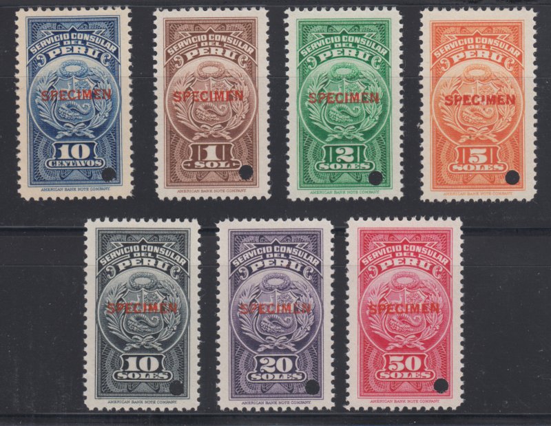 Peru MNH. 1938 Consular Service Stamps w/ 13mm SPECIMEN overprint, cplt set