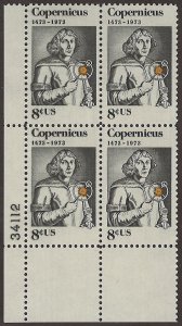 Scott # 1488 1973 8c blk & yel Litho& N. Copernicus
; TAGGED Plate Block - Lo...