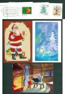 Sweden. 3 Christmas Card. 1979-1995-2001. Santa,Cat,Clock,Cabin,Trees