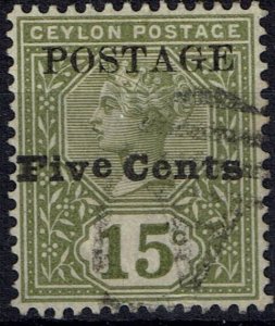 CEYLON SG233e 1890 5c ON 15c OLIVE-GREEN REVENUE OMITTED USED (d)