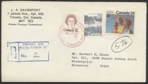 1977 Registered Cover Stamp Dealer Davenport to USA Toronto Postal Stn Q