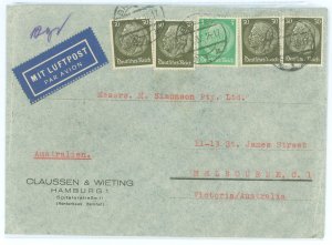 Germany 418/426 1937 5pf + 30pf (x4) Hindenburg Medallion issues on this 1937 airmail cover sent from Hamburg to Melbourne, Aust