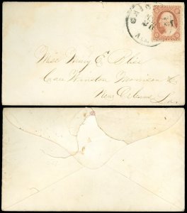 1860c Alabama to New Orleans Cover, Brownish Carmine US Scott #26A! SCV $180!