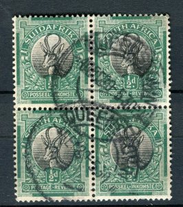 SOUTH AFRICA; 1930s early Springbok issue fine used 1/2d. Postmark BLOCK of 4
