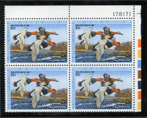 US Scott RW54 Redhead  Ducks stamp Mint NH Pl. Blk. 178171UR Face $40.00