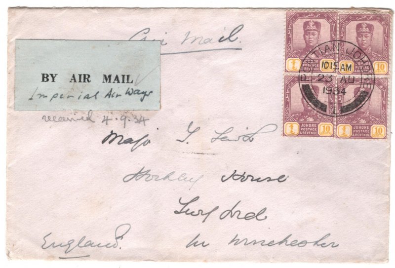 MALAYA JOHORE Airmail 1934 Cover *PONTIAN* CDS Winchester IMPERIAL AIRWAYS KA743