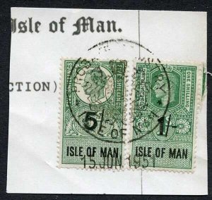 Isle of Man KGVI 5/- + 1/- Key Plate Type Revenues CDS on Piece