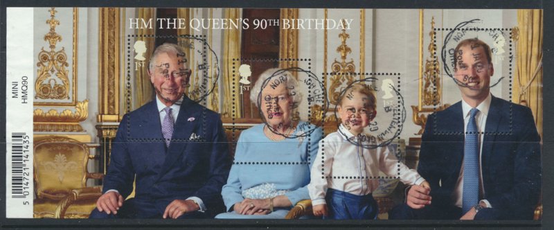 GB SG MS3832  SC#3501  QE II 90th Birthday  Miniature Sheet Used  see scan 