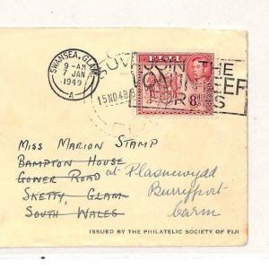 FIJI First Day Cover 1949 KGVI 8d Arms FDC Forwarded Swansea {samwells}W230