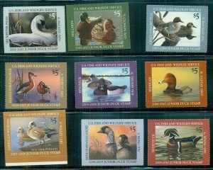 US #JDS9-17, 2001-9 $5.00 JUNIOR DUCK STAMPS, NH, VF, Scott $200.00