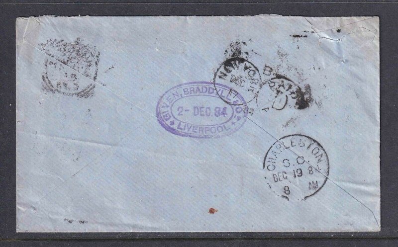 GREAT BRITAIN SC 101 COVER LIVERPOOL CDS +50% TO SOUTH CAROLINA WITH BACK STAMPS