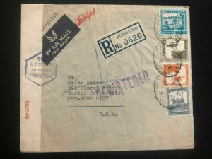 1941 Jerusalem Palestine Censored airmail Cover to New York USA Transpacific