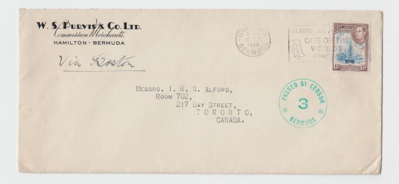 BERMUDA TO CANADA 1939 CENSOR (#3) COVER VA BOSTON, 1½d RATE (SEE BELOW)