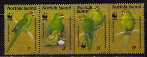 NORFOLK ISL Sc# 421 USED FVF 4Strip WWF Green Parrot Birds