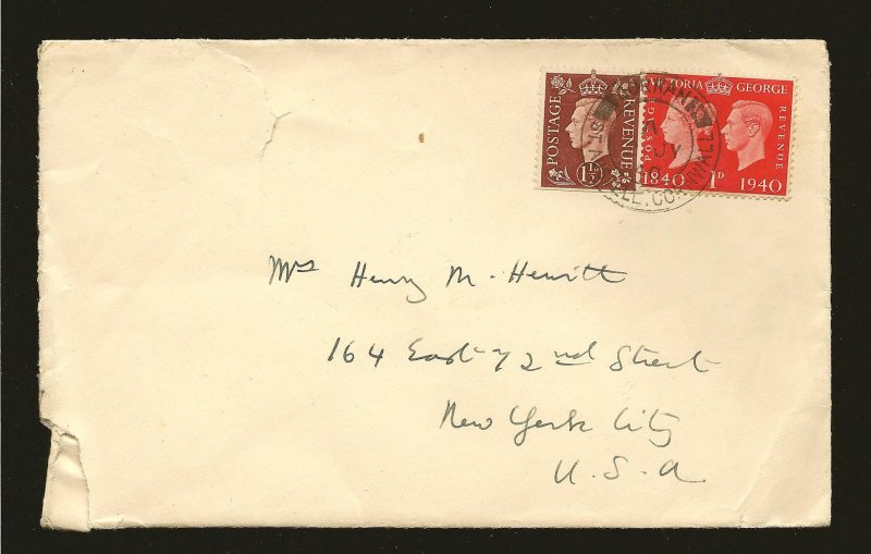 Great Britain 237 & 253 on Postmarked St Austell Cornwall 1940 Cover to USA Used