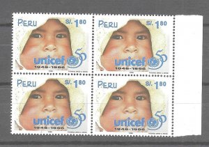 PERU 1996 50th anniversary of Unicef Emblem Children Block of four Sc 1145 mint