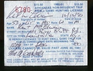 ARKANSAS 1980 Non Resident Trip Small Game License W/ RW47 Duck Stamp - 699