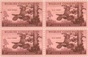 1056 Conservation Wild Turkey Block of 4 3c Postage Stamps, Sc# 1077, MNH, OG