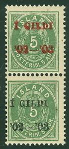 ICELAND #45v/52v 5aur green I GILDI OVPT PAIR – w/Red & Black ovpt Nielsen cert 