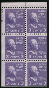 US #807a BOOKLET PANE with PLATE NUMBER, large 80% plate 24413, mint hinged, ...