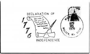 US POSTAL CARD SPECIAL EVENT POSTMARK DECLARATION OF INDEPENDENCE MALDEM MA '76