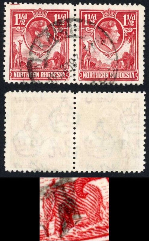 NORTHERN RHODESIA SG29/b 1938-52 1 1/2d carmine-red left stamp Tick bird flaw