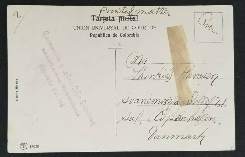 1914 Bogota Colombia to Copenhagen Denmark San Diego Park RPPC Postcard Cover 