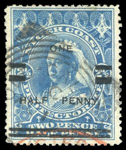 Niger Coast 1894 QV ½d on 2½d blue Position #6 OLD CALABAR pmk VFU. SG 65.