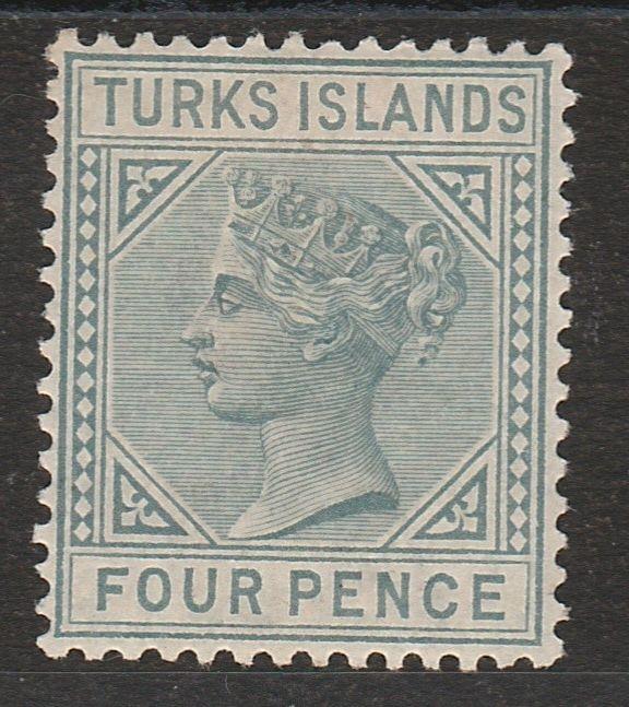 TURKS ISLANDS 1882 QV 4D GREY WMK CROWN CA